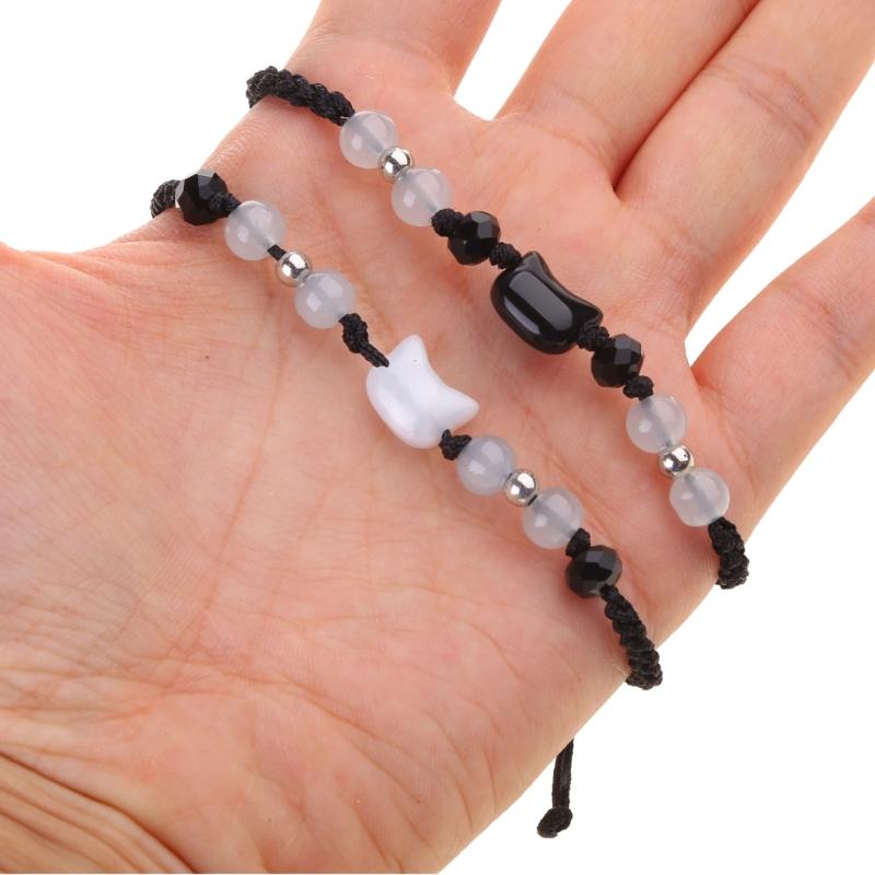 Set of 2 Cat Pendant Handchain Handcrafted Matching Bracelets with Shell Embellishments Handwoven Couple Wristchain