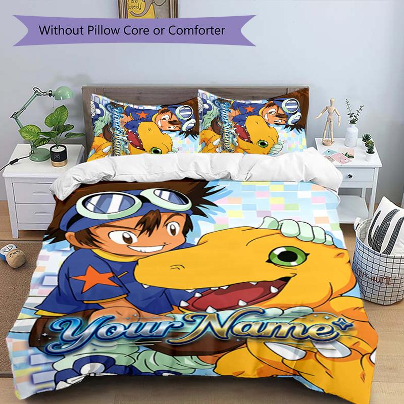 3pcs Digimon Cover Set - Personalized Name, HD Printed Bedding with 1 Cover and 2 Pillowcases - Perfect for Home Decor, Easy Care