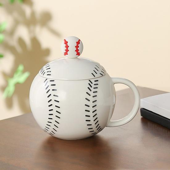 Tasse à café en forme de baseball avec couvercle Poignée en forme de C Tasse en céramique 420 ml Tasse à boire de l'eau pour café thé boissons Utilisation à la maison cuisine extérieur