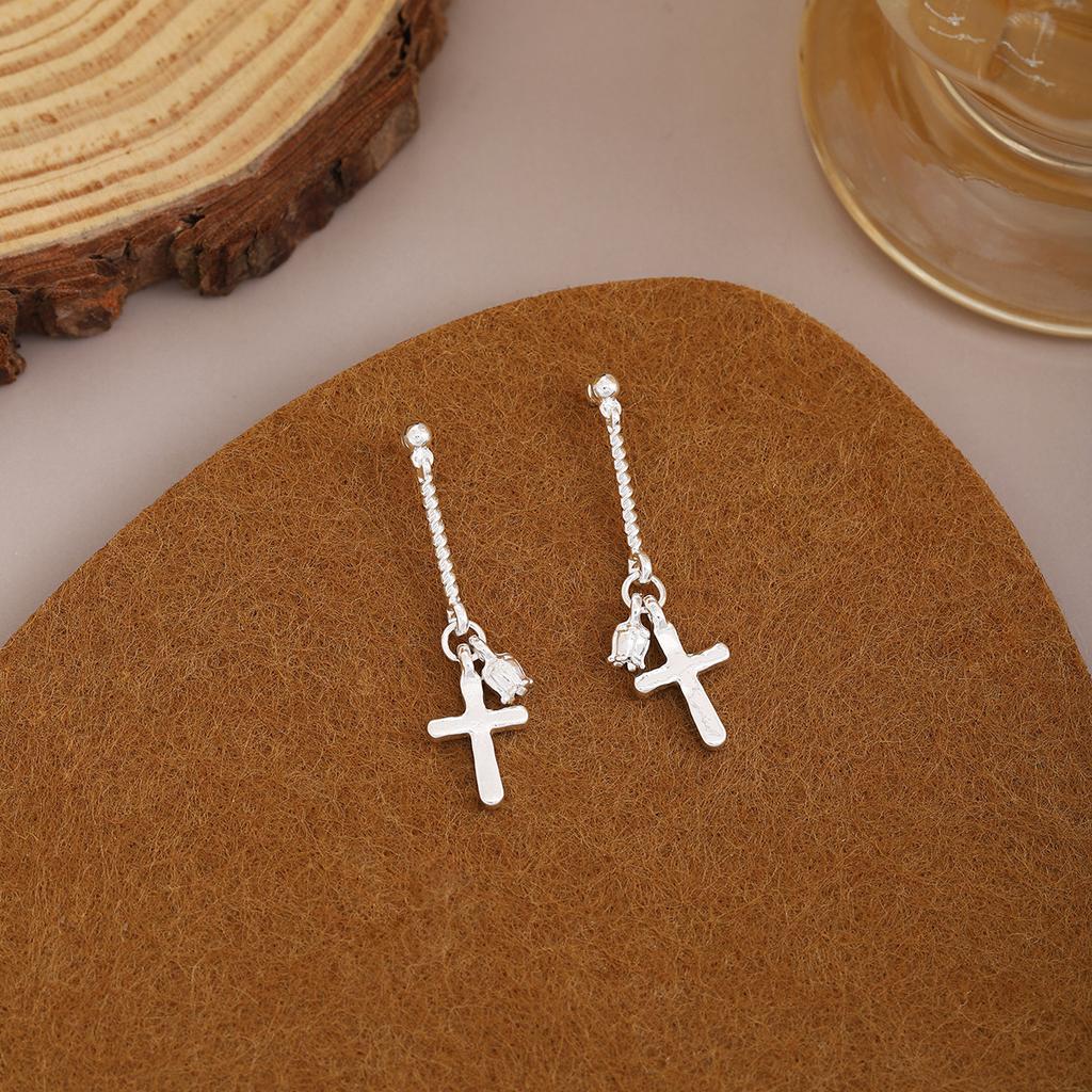 Personalized Chain Cross Diamond Stud Earrings, Light Luxury High Sense Simple Earrings Women