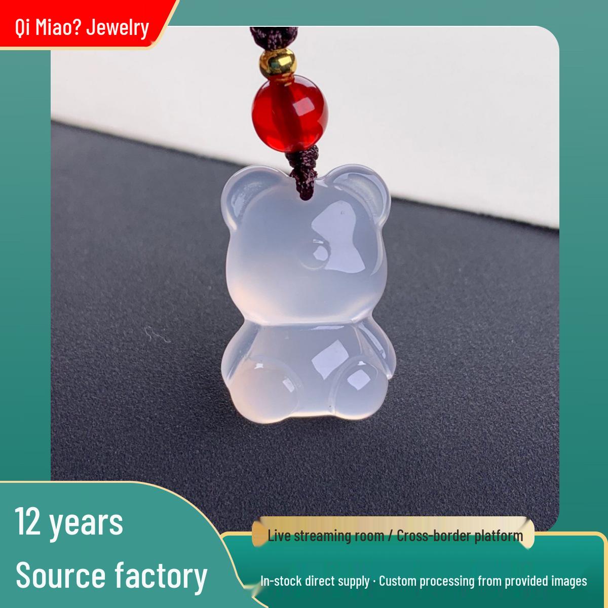 Chalcedony Agate & Moonstone Bear Pendant Necklace - Cute Jewelry for Students & Parties White Agate