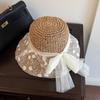 Women's French Lace Pearl Hollow Grass Sun Hat Spring Summer Floral Beach Vacation Sunshade Hat