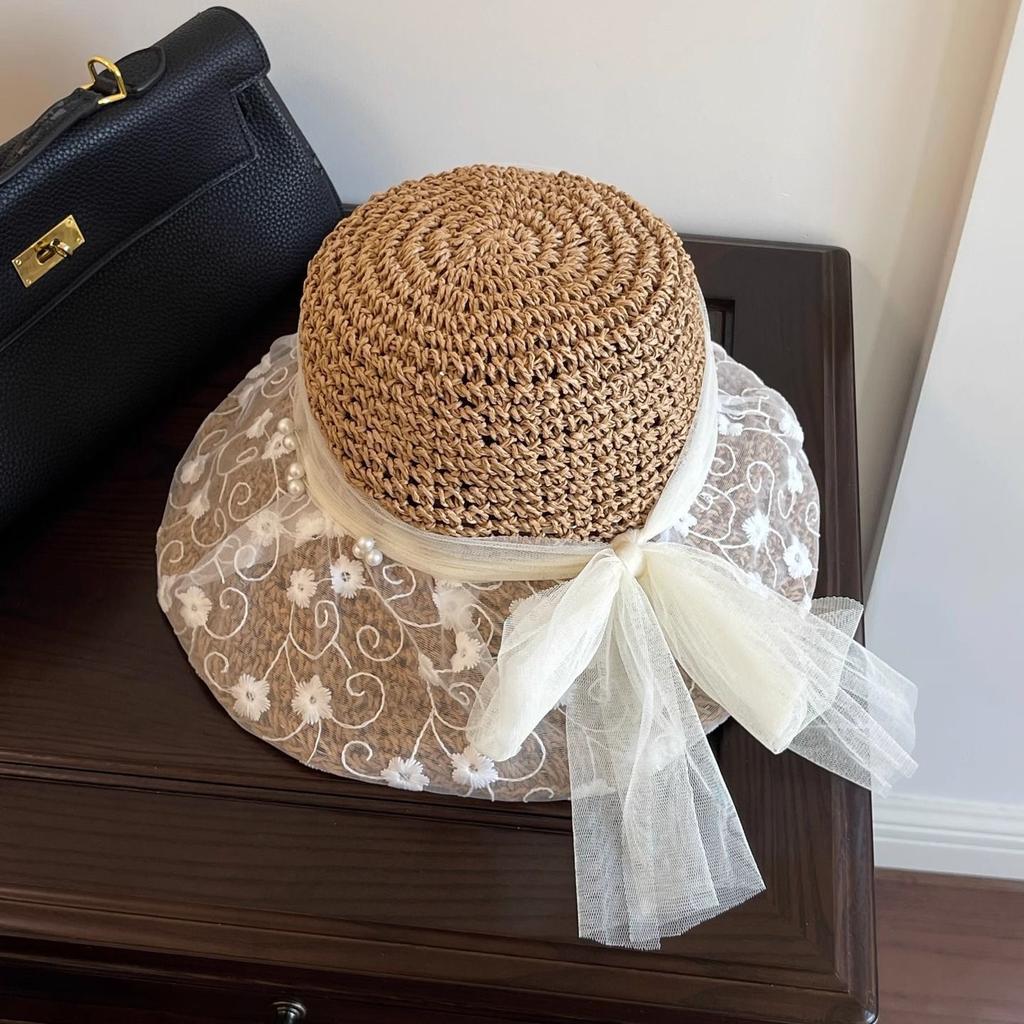 Women's French Lace Pearl Hollow Grass Sun Hat Spring Summer Floral Beach Vacation Sunshade Hat