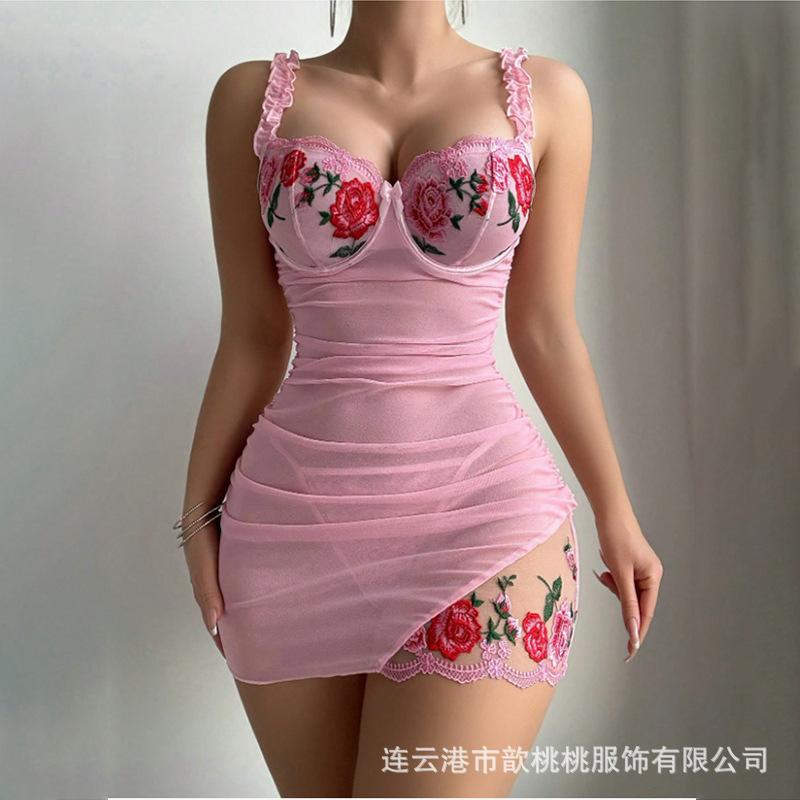 European and American Large-size Sexy Lingerie Lace Perspective Embroidery Hip-wrapped Nightdress, Thong Temptation