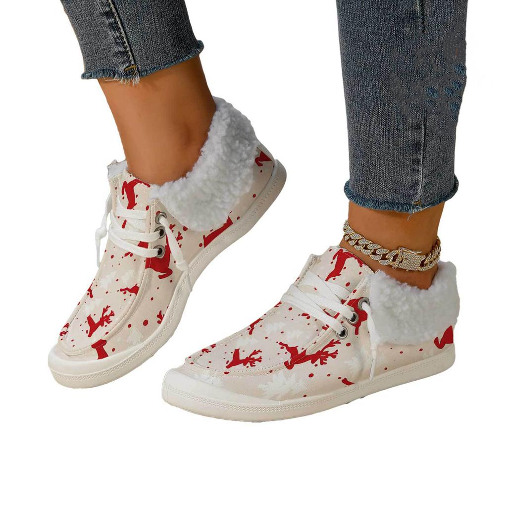 Damen Weihnachts-Print Flache Freizeitschuhe, -gefütterte Warme Baumwoll-Hausschuhe für den Winter