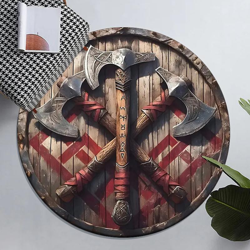 

Viking Axes Wooden Shield Round Crystal Velvet Rug Norse Warrior Theme Decorative Floor Mat for Game Room or Study 60cm