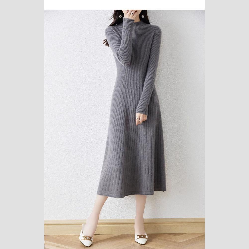 Slimming Mid-length Dress for Women Half Turtleneck Knitted Dress Solid Color A-line Sweater Dress for Autumn and Winter