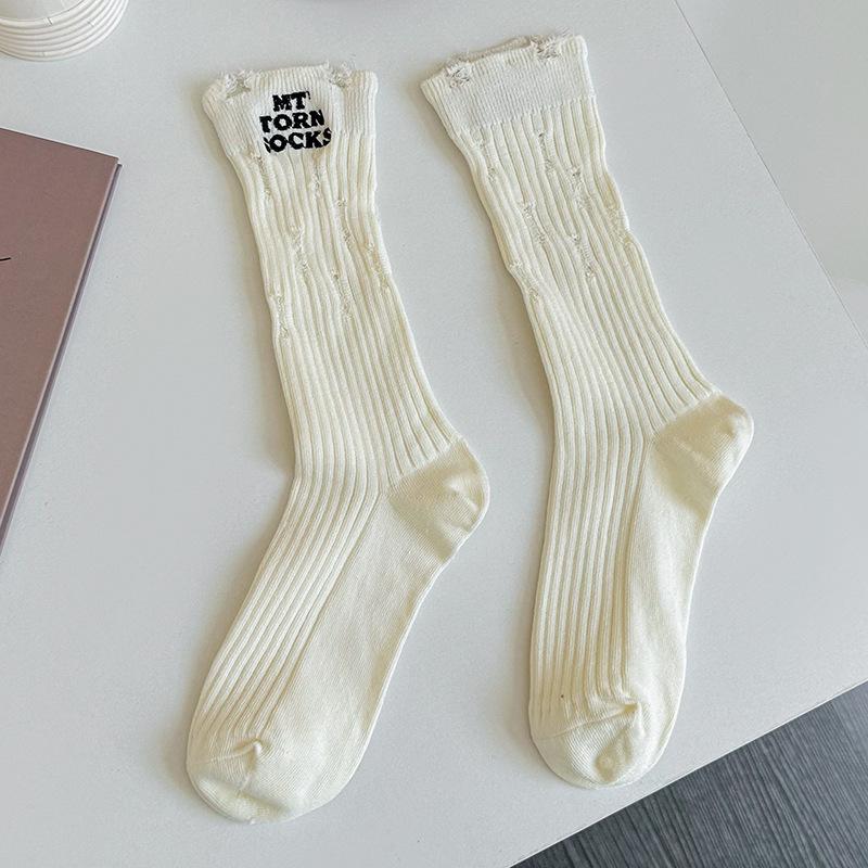 Hole Embroidered Socks Style Street Trend Fashion Hole Socks Beggar Socks Pure Cotton Medium Tube Socks