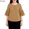 Women Casual Round Neck Solid Color 3/4 Sleeve Loose Blouse