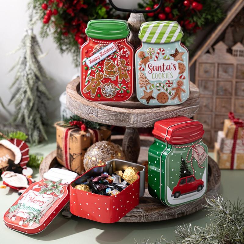 Christmas Candy Box Mason Jar Shape Cookie Container Metal Gift Box Party Favors Holiday Storage Reusable Treats Decorative Jar
