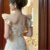 Summer new slim bow girl big lotus leaf edge waist thin jacquard print dress