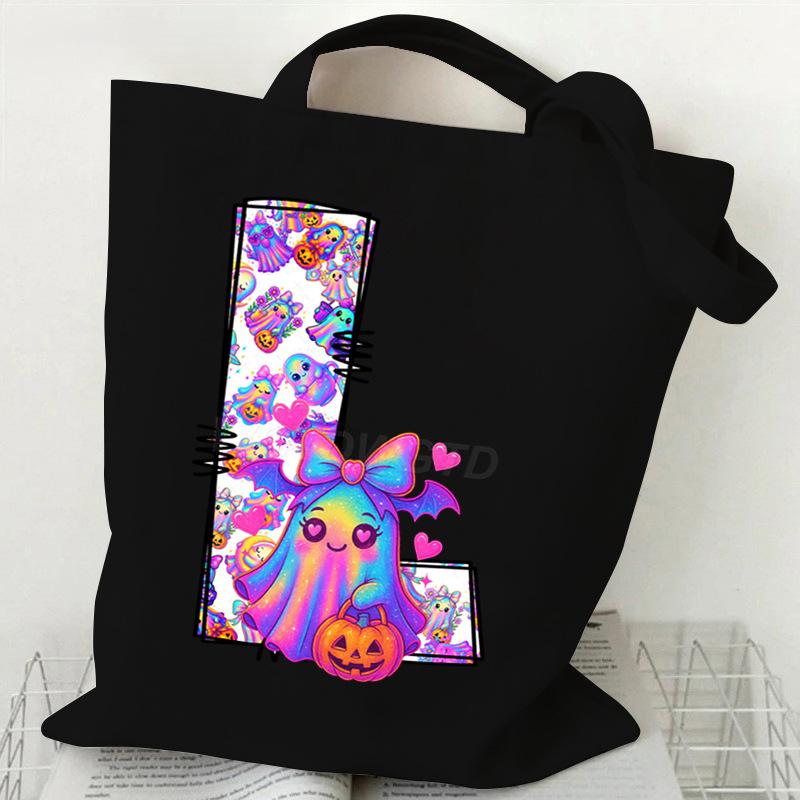 Halloween Alphabet Canvas Bag Going Out Portable Handbag Women's Large Capacity Casual Shoulder Crossbody Bag