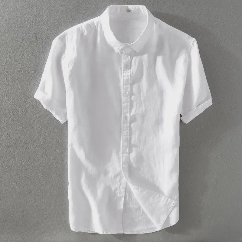 Men's Sky Blue Slim Fit Linen-Cotton Short-Sleeve Shirt