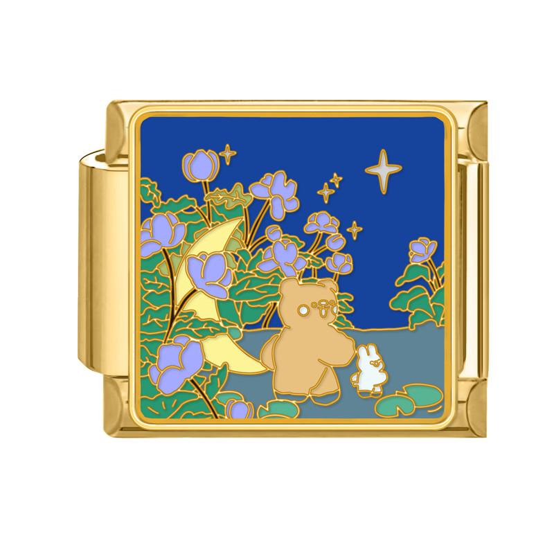 Y2K Gold Color Bear Cat Blue Sky Rose Flowers Moon Italian Charm Link Fit 9MM Stainless Steel Bracelet Women DIY Making Gifts