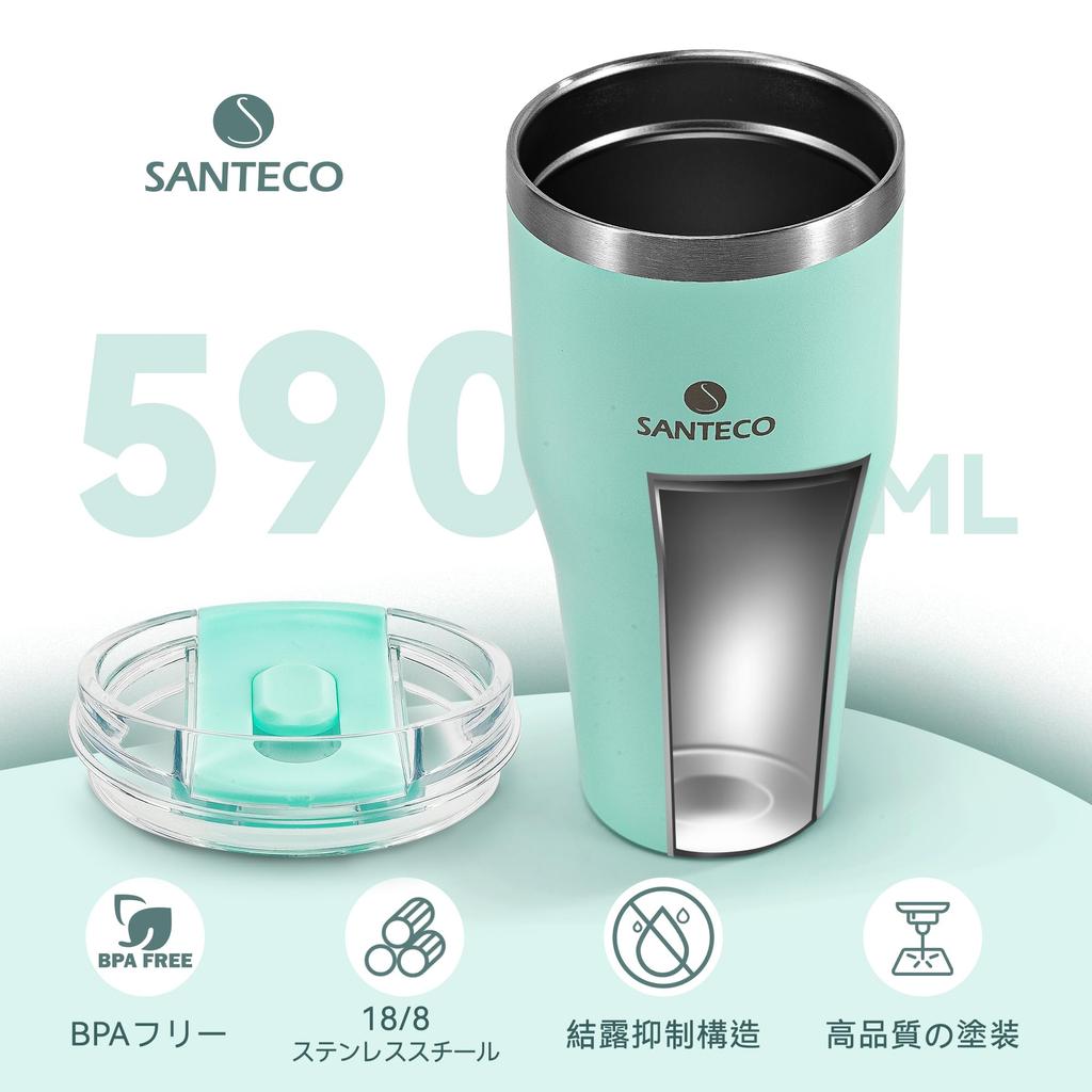 SANTECO ESCAPE with Lid and Large Keeps Drinks Hot or Stainless Vacuum Wide Mouth Green Tumbler, 590ml, Straw, Capacity, Cold, Stylish, 18/8 Steel,