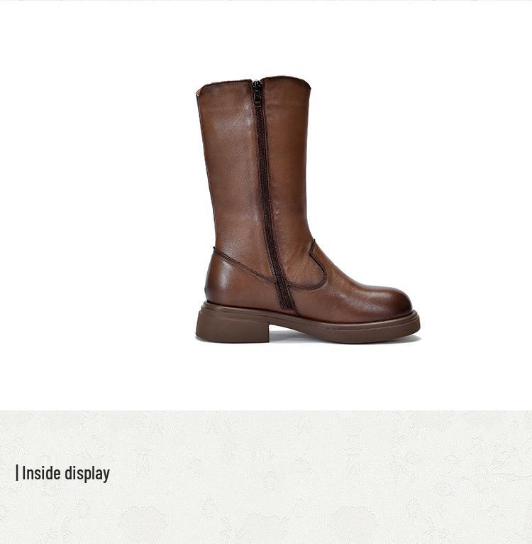 Botki jeździeckie do połowy łydki z prawdziwej skóry z bocznym zamkiem błyskawicznym, 2025 Jesień/Zima, ocieplane polarem, damskie kozaki na średnim obcasie ze skóry bydlęcej.