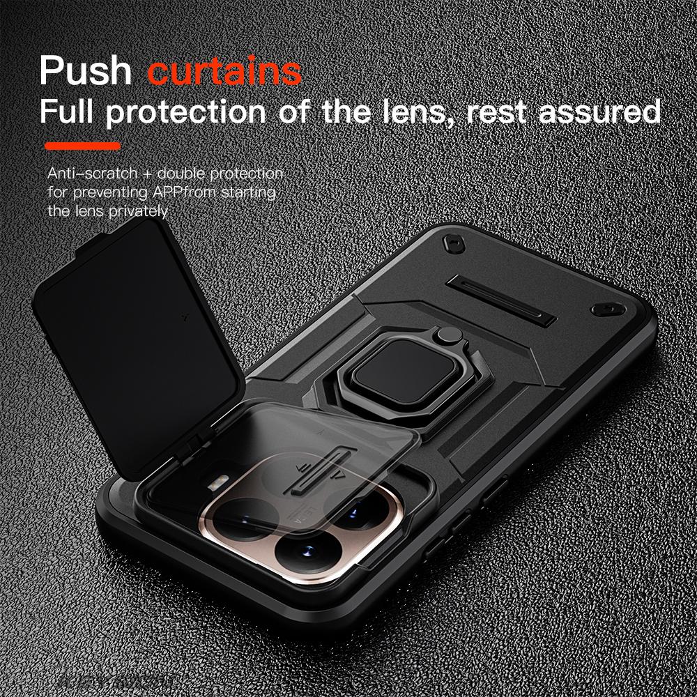 KEYSION Shockproof Armor Case for Xiaomi 15T Pro 5G Slide Camera Protection Metal Ring Stand Phone Back Cover for Xiaomi 15T 5G