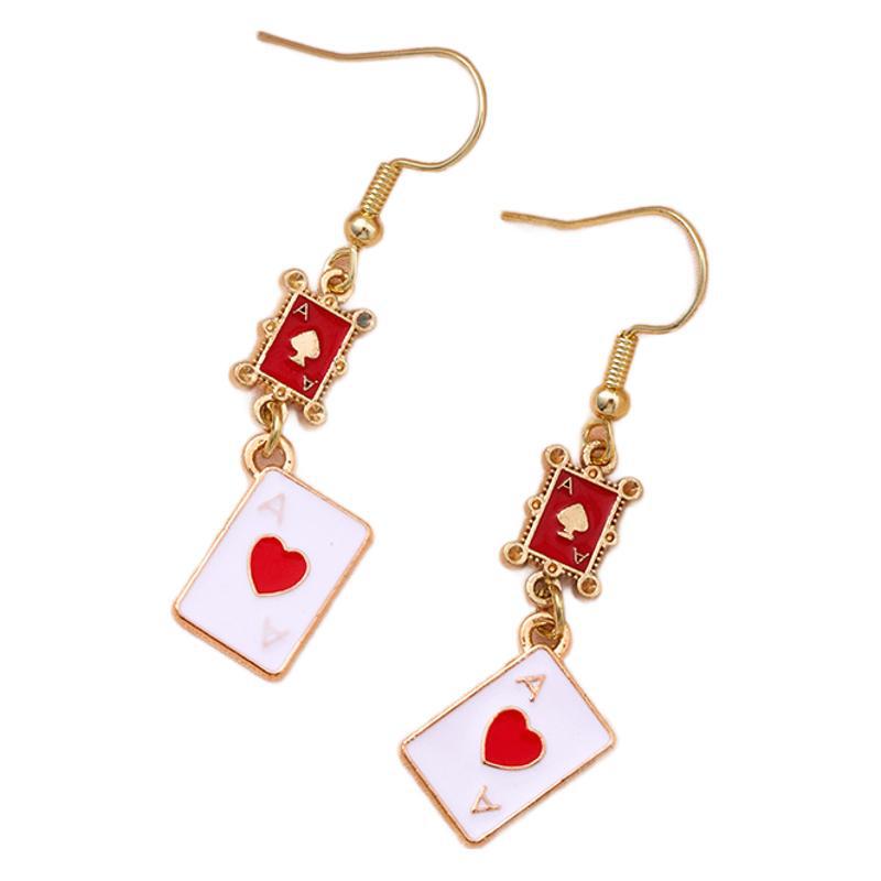High-End Alloy Playing Card Pendant Earrings - Women's Heart & Spade Design