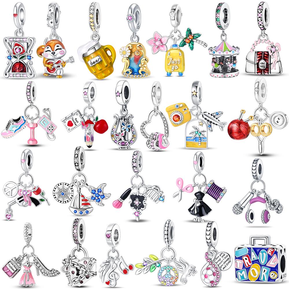 Original Charms Copper Pink High Heels Girl'S Suitcase Airplane Bag Beads Fit Bracelet Delicate Women Diy Holiday Gift