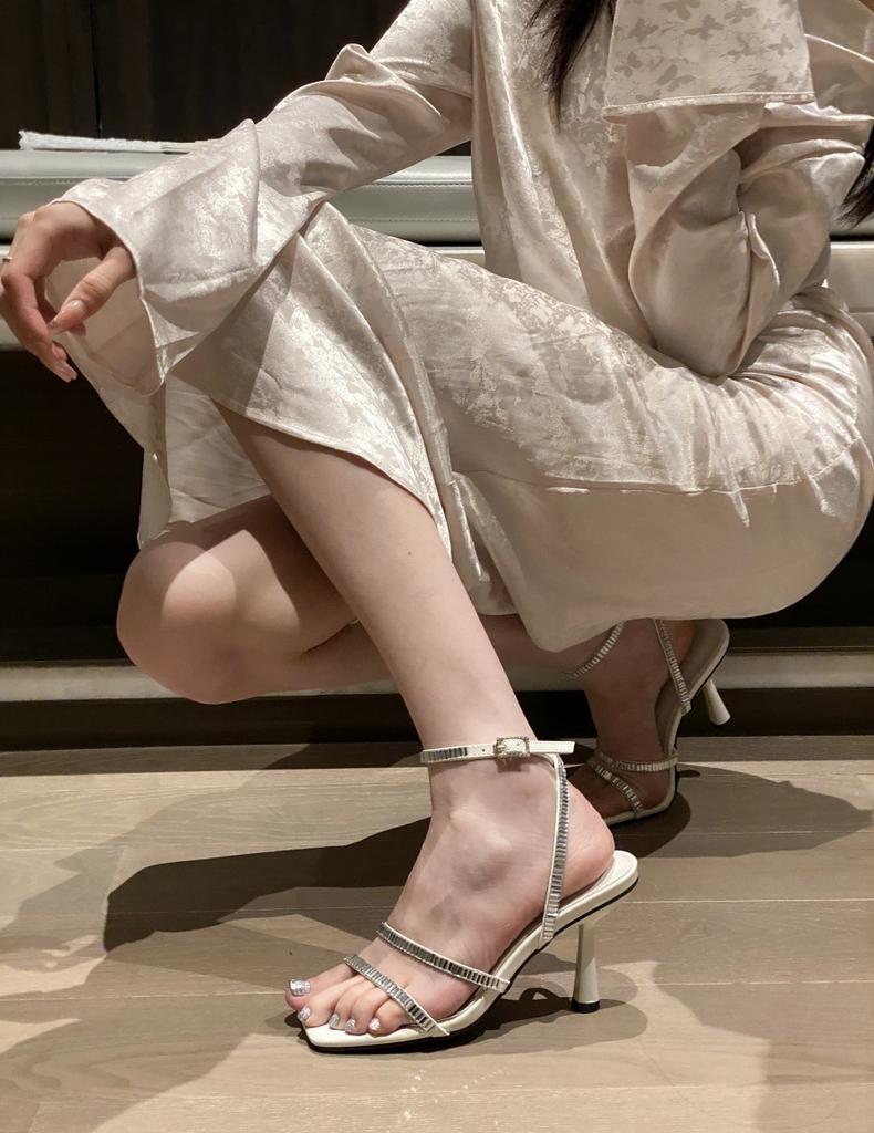 Silver Open-toed Rhinestone Transparent Wine Glass and Roman Sandals Female Sexy Fairy Style Crystal High Heels Niche Design