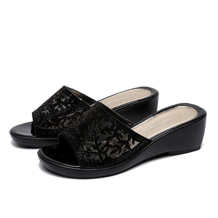 

Классические женские тапочки-клинья для дома, удобные женские сандалии с открытым носком, шлепанцы, летние кружевные шлепанцы, четыре сезона, большой размер 41 41 чёрный