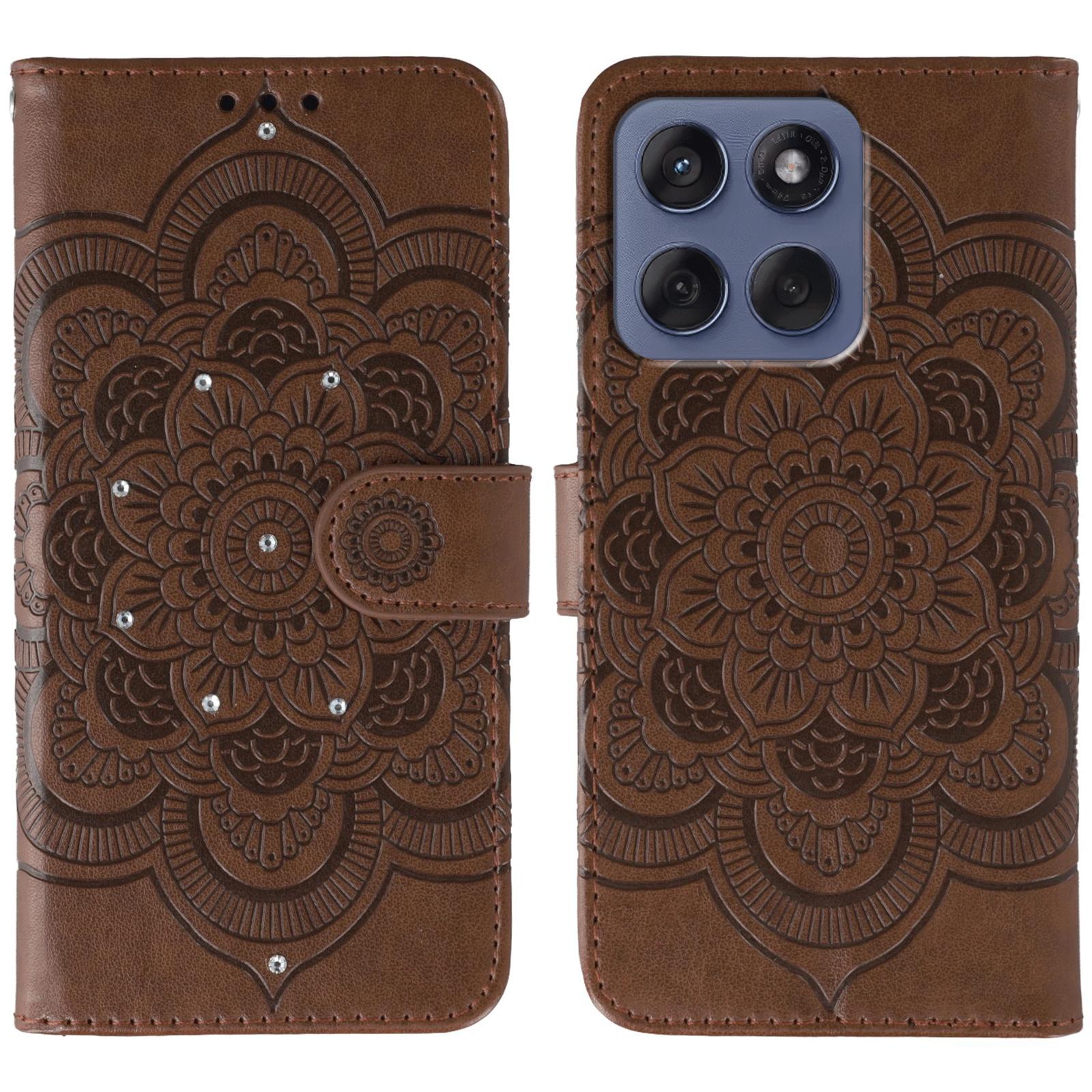 

For Motorola Edge 60 Fusion 5G/Edge 60 5G Case Rhinestone Decor PU Leather Mandala Imprinted Design Phone Cover with Wrist Strap Brown
