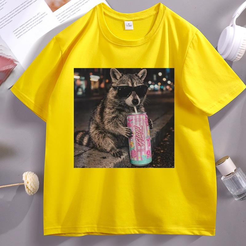 Raccoon Cotton Candy Drink Graphic Tee Fun Animal Lover T Shirt Vintage Raccoons Cotton Short Sleeve Round Neck Pritned Tshirt