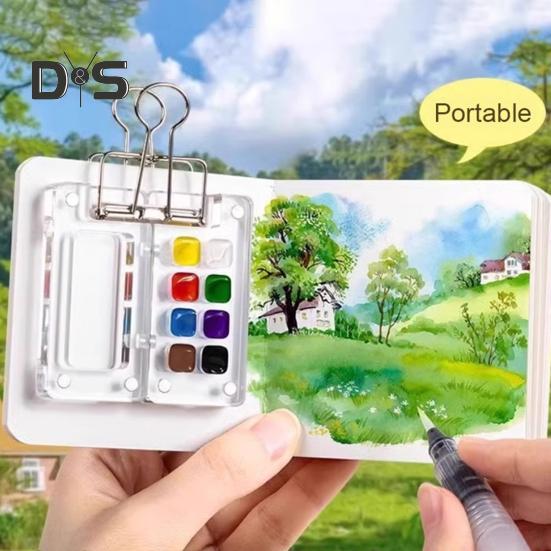 Mini Watercolor Paint Box Pocket Artist Travel Set 8/15-Color Palette Walnut Wood Metal Clip Portable Watercolor Pen