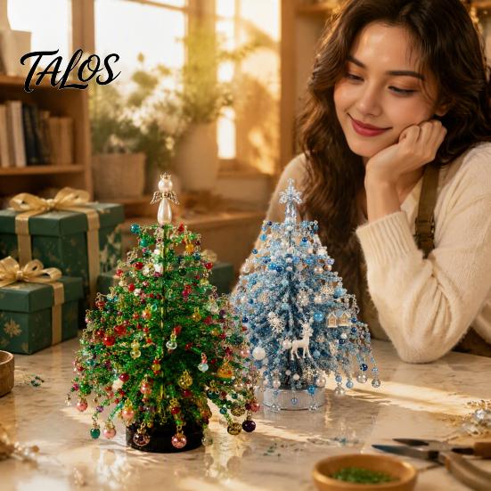 Beaded Christmas Tree Project 2 Pcs DIY Kit with LED Light, Handmade Mini Easy Assembly Craft for Beginners Faux Crystal Bead Art Craft, Sparkly