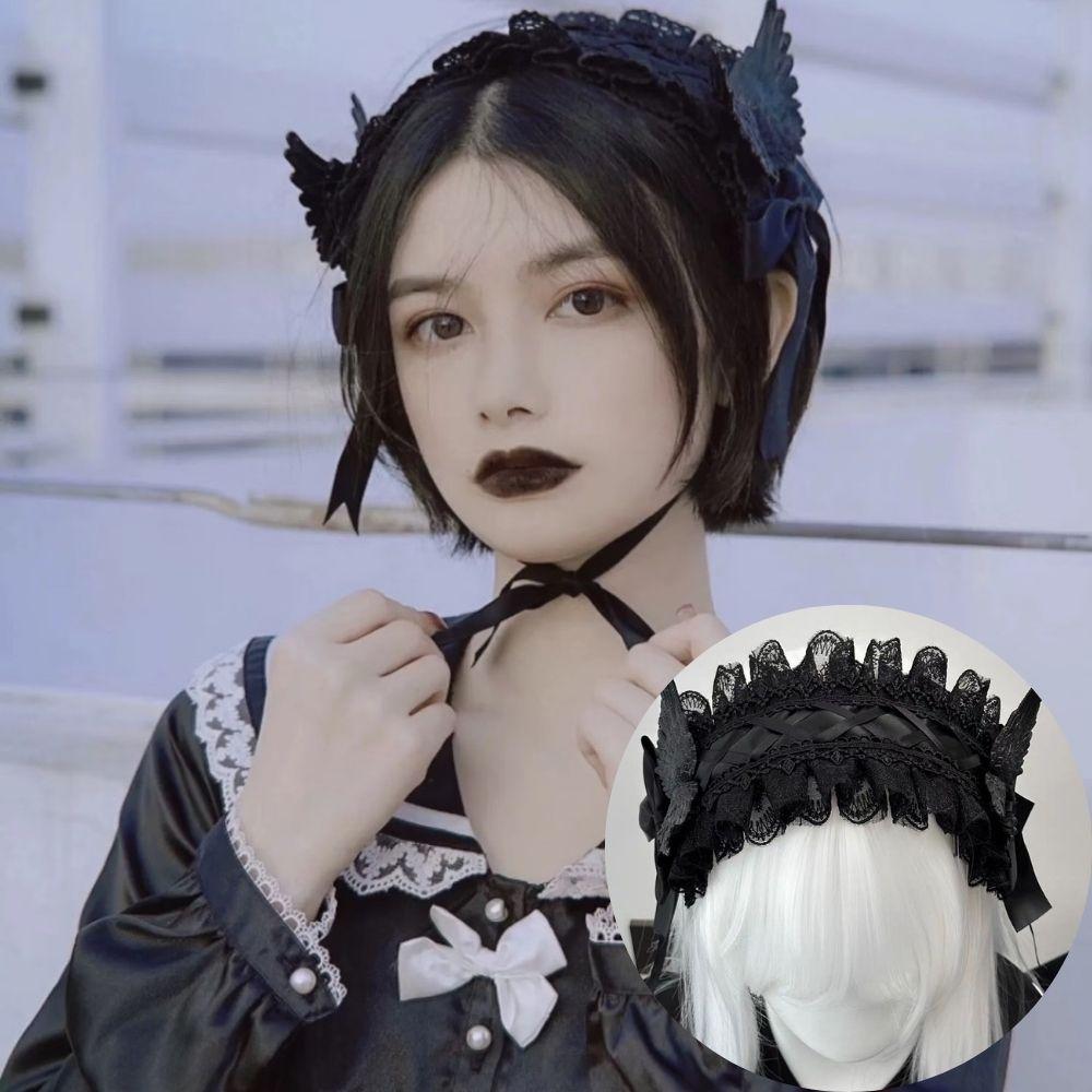 Japanese Dark Angel Wing Headpiece Harajuku Subculture Lace Hairband Y2K Sweet Gothic Lolita Headband Cosplay Costume Accessory