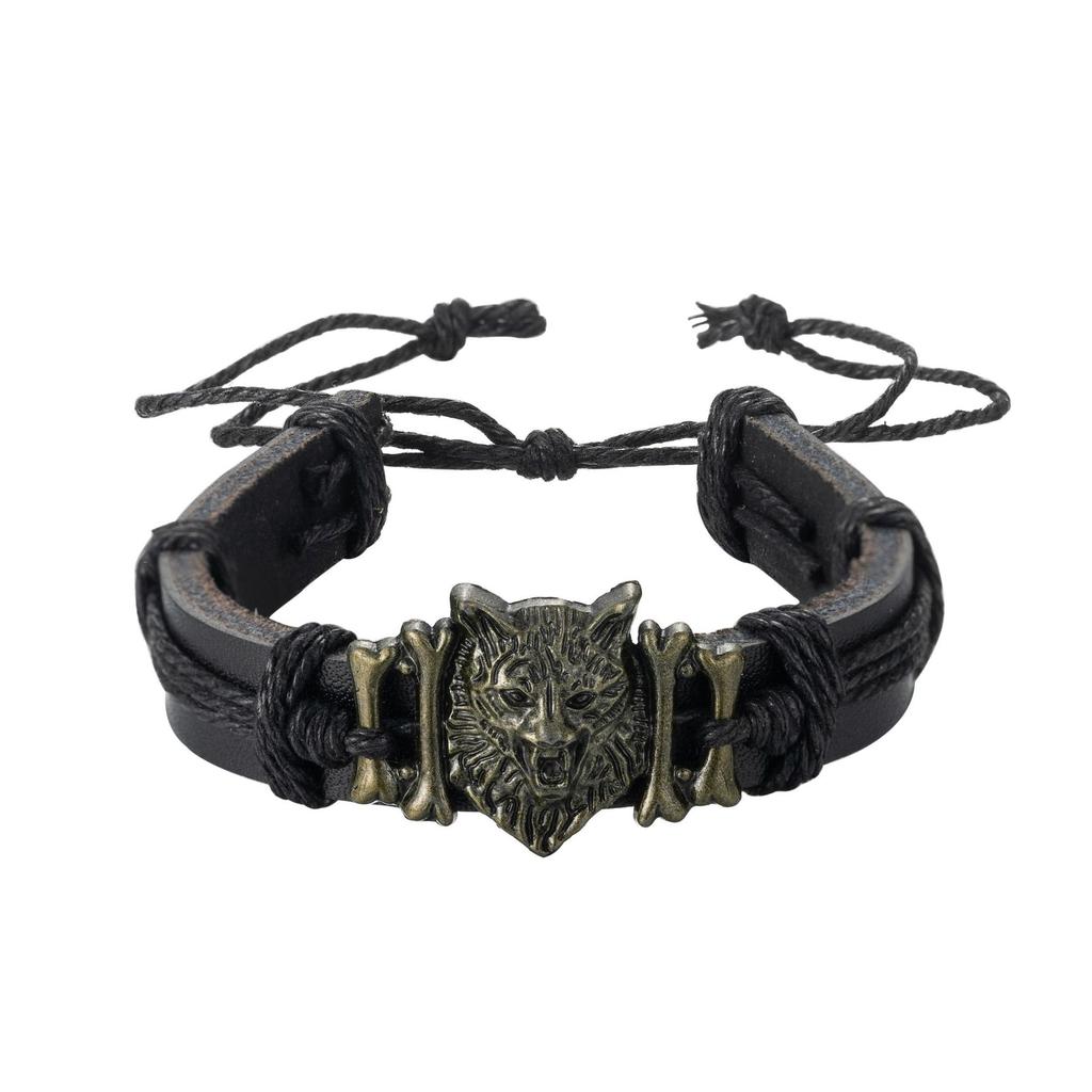 Men's and Women's Retro Wolf Head and Lion Head Leather Adjustable Bracelet Hand Rope