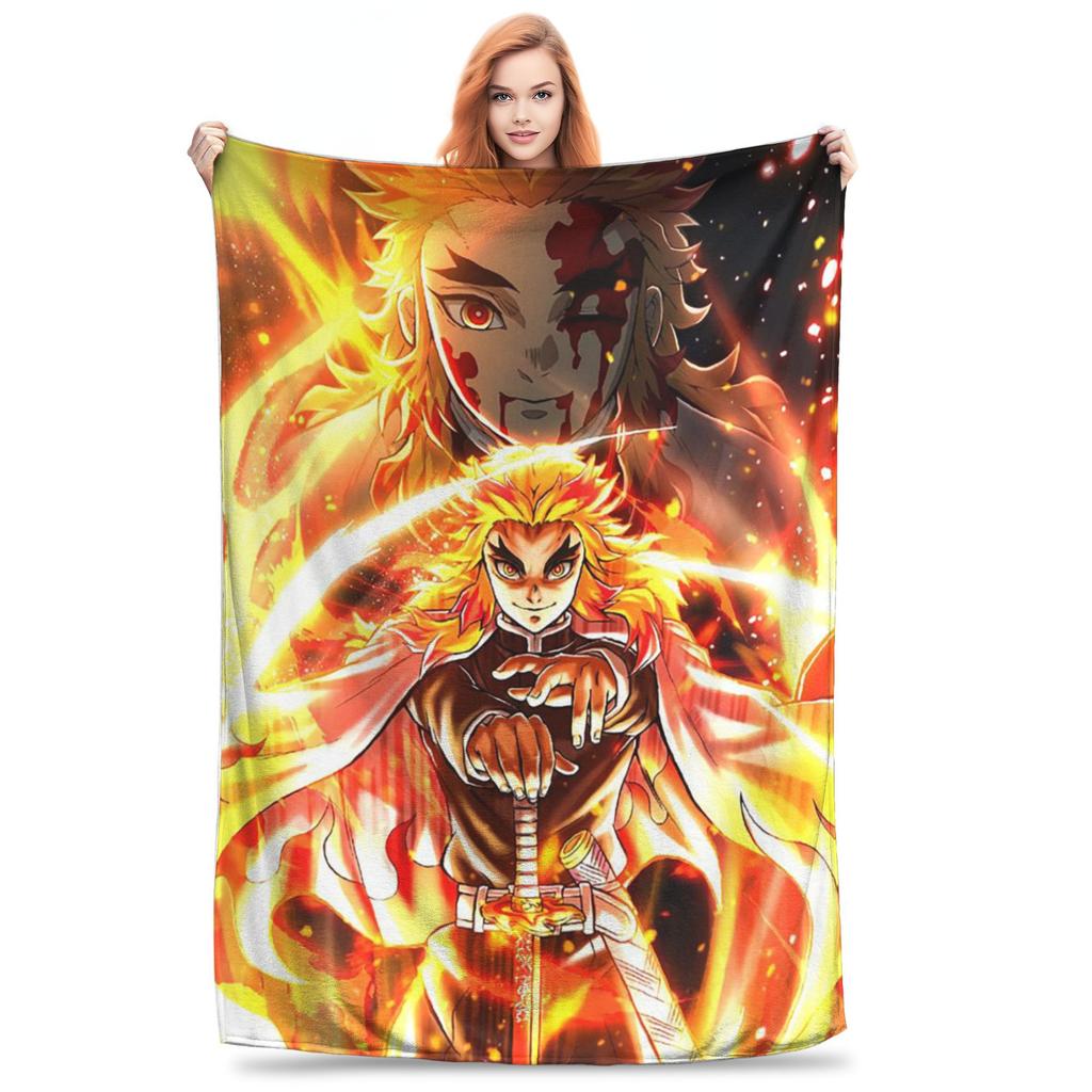 Demon Slayer Flame Hashira Kyojuro Rengoku Anime Blankets Flannel Throw Blanket for Couch Bedding Outdoor Throws Bedspread Quilt