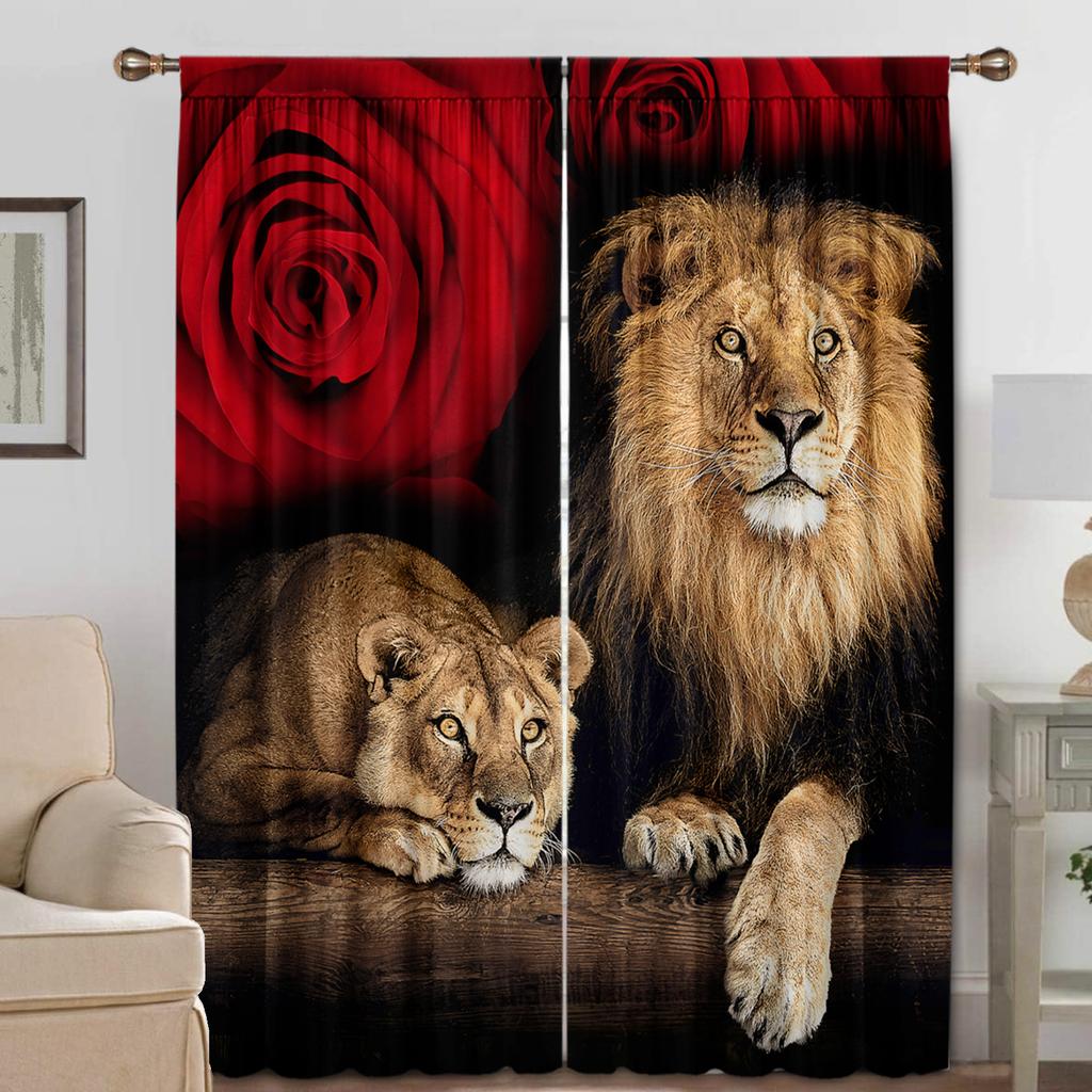 2PC Curtains With Animal Avatars Printed On Lions   Tigers   And Leopards Are Suitable For Kitchens   Cafes   Living Rooms   Balconie
