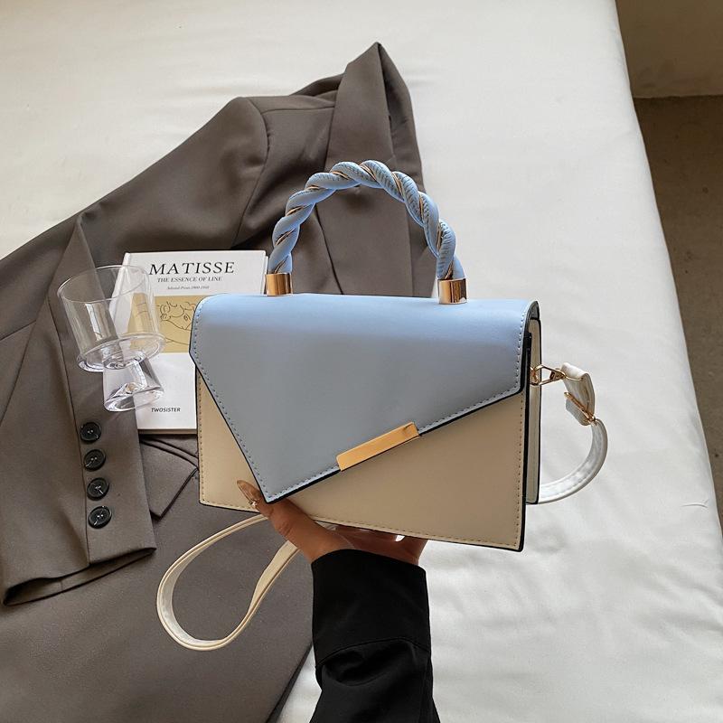 Korean Version of Simple Hand Carry Shoulder 2025 New Fashion Diagonal Splicing Contrasting Color Small Square Bag Portable Messenger Commuter Woman