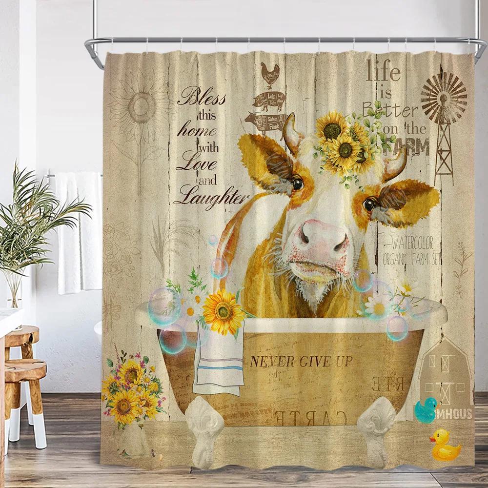 Lustige Badetiere Duschvorhänge Hochlandrinder Kuh Badewanne Druck Badezimmerdekorationen Cartoon Polyester Badvorhang
