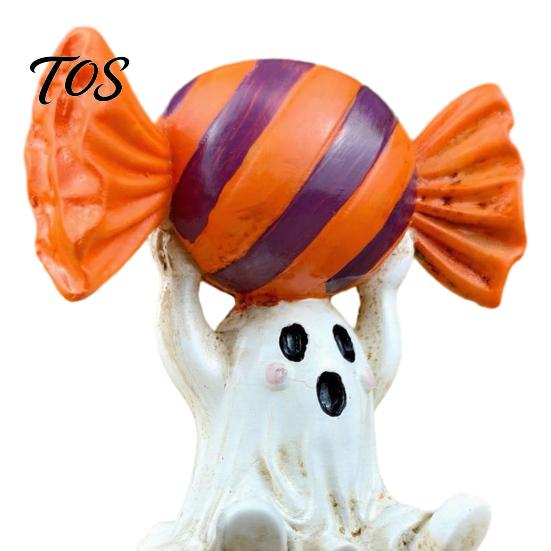Dark Sweet Room Decor Halloween Ghost Figurine, Cute Sitting on Pumpkin Holding Candy Unique Home Collection Statue, Spooky Resin Table Ornament