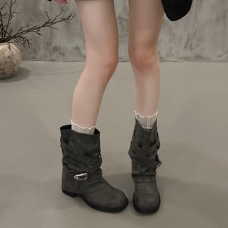 Vintage Pleated Pile Boots Pants Tube Boots Women's Autumn and Winter New Spice Girl Knight Boots Mid-tube Western Cowboy Boots
