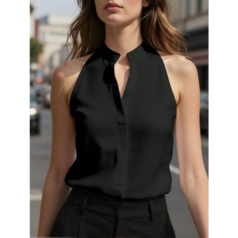 QICED Women's Fashion Casual Solid Color Print Sleeveless V-Neck Blouses & Shirts