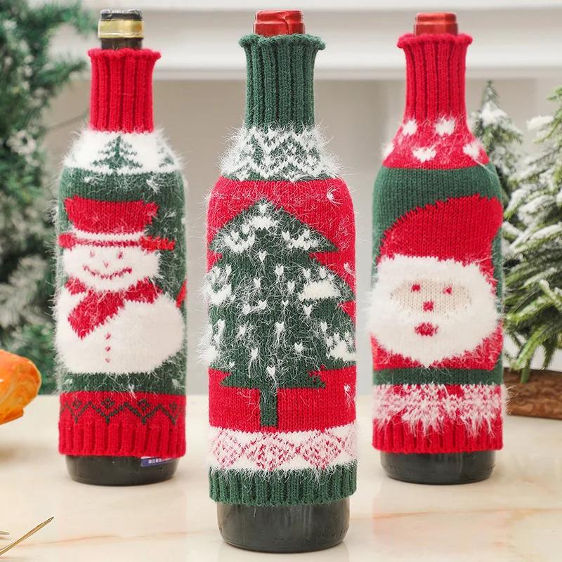 Cute Knitted Wine Bottle Cover Christmas Table Decoration Cartoon Santa Claus Snowman Pattern Red Wine Bottle Decor Xmas Gift