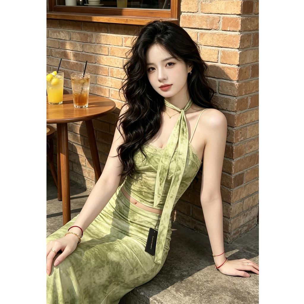 French Green Tie-dye Jacquard Spice Girl Suit Retro Suspender Top Skirt Hip-wrapped Long Skirt Women's Suit