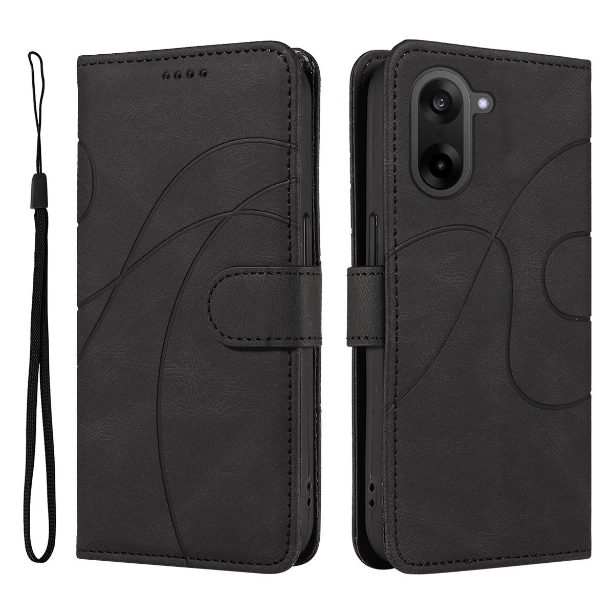 

For OnePlus Nord CE5 5G/OnePlus Ace 5 Racing 5G Wallet Case Leather Phone Cover Stand with Curved Line Design - Black A