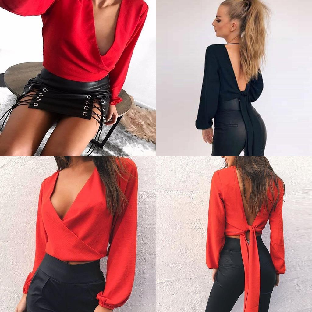 Color Women Solid Long Sleeves Backless Bandage Blouse Cross Loose Tops Bow