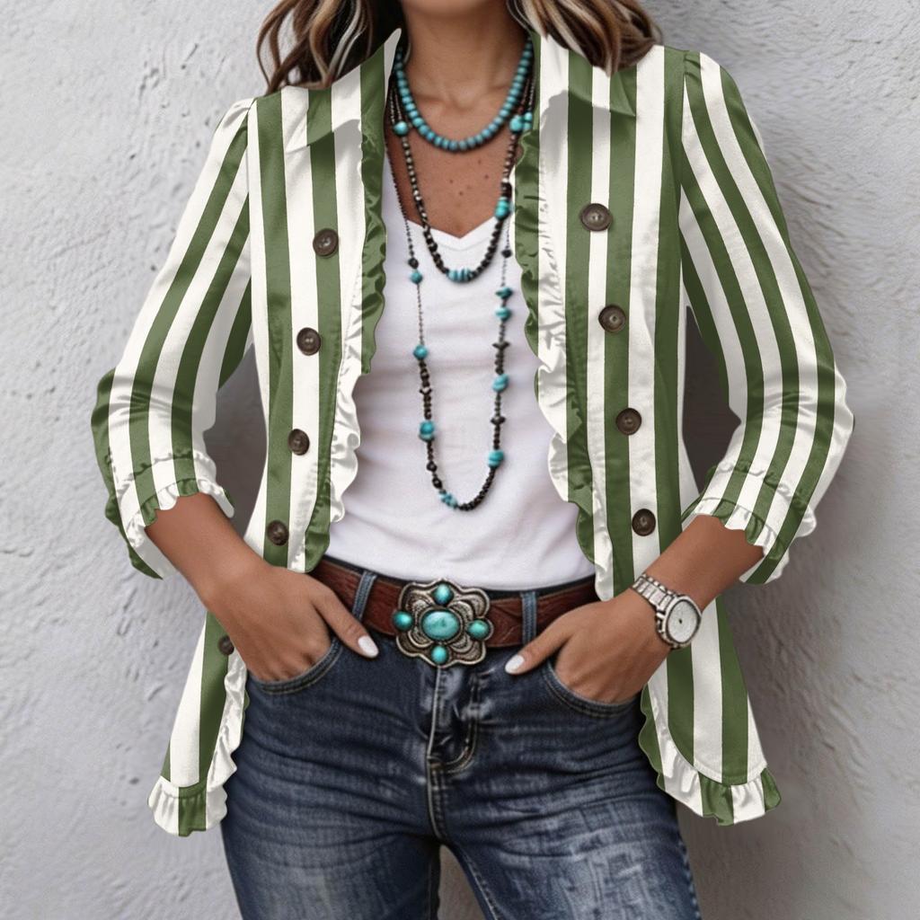 Damen Casual Vertikal Gestreift Print Langarm Rüschen Knopfleiste Hemd Jacke für den Alltag