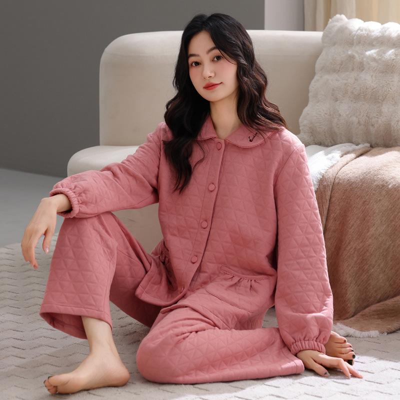 

Пижама из воздушного хлопка женская осенне-зимняя из чистого хлопка с утолщенным теплым промежуточным слоем, комплект домашней одежды для мамы среднего возраста 3XL