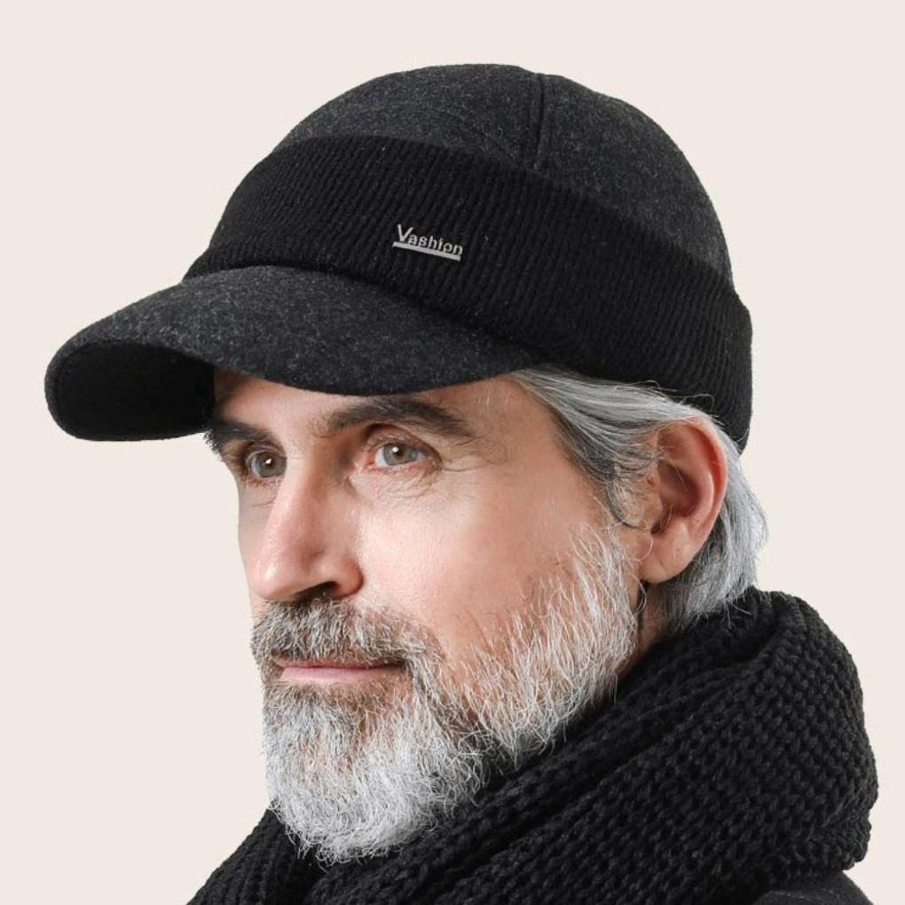 A three-way, mid-aged, and older knitted earflap ball cap with a warm winter feel.