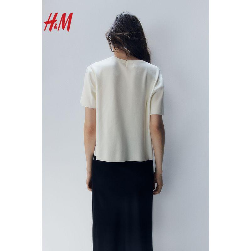

HM Women s t-shirt 2025 Summer New Fine Knitted Comfortable round Neck Simple Temperament Short sleeve Top 1260796 White 155/80(XS)