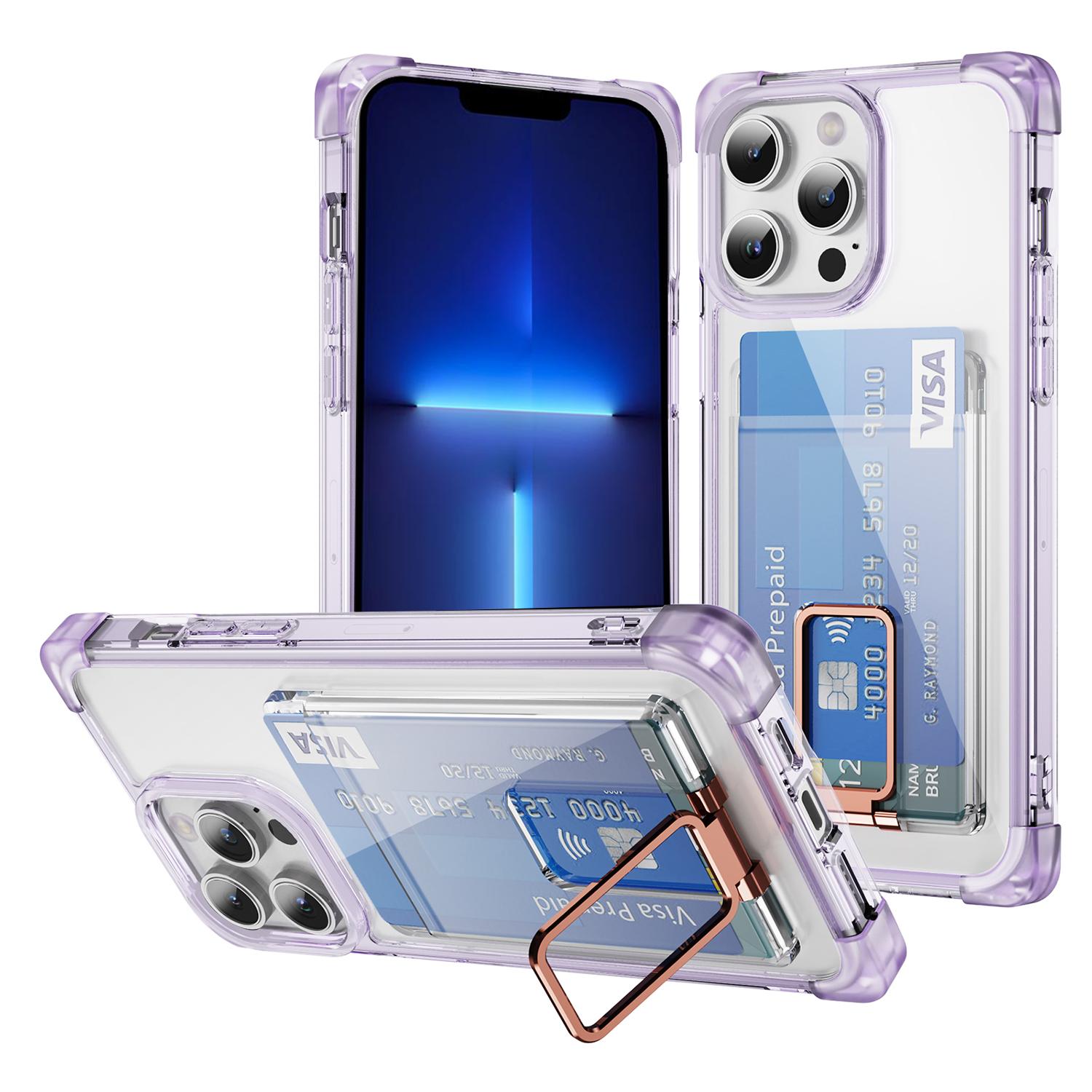 

For iPhone 13 Pro Max Case Reinforced Corners TPU+Acrylic Phone Cover with Kickstand Card Holder Transparent Purple