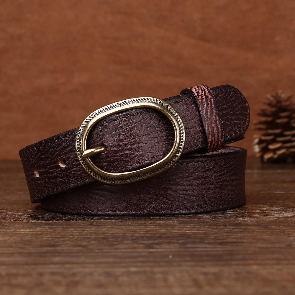Women's Genuine Leather Engraved Copper Buckle First Layer Cowhide Casual Personality Retro Denim Thin Belt