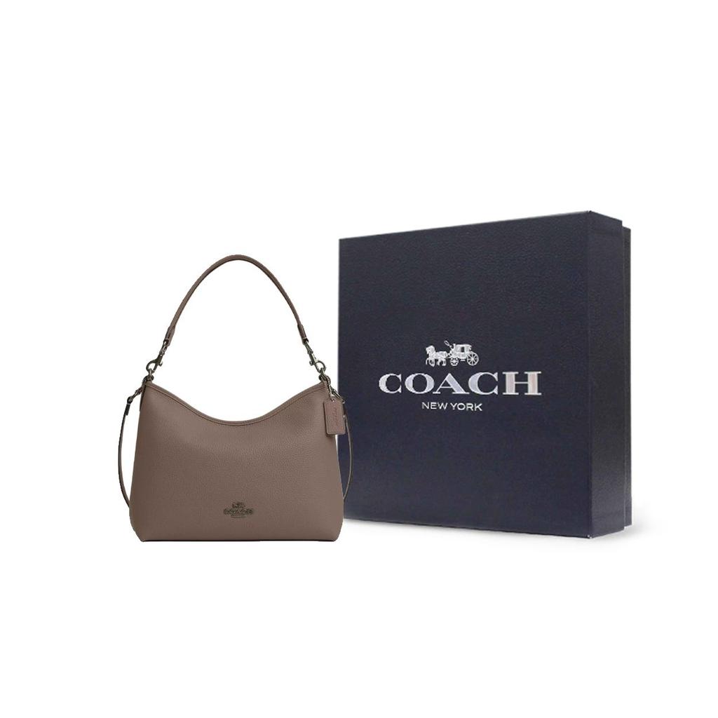 Coach Laurel 31 Logo Zip Closure Pebble Leather Tote Crossbody Shoulder Bag Large Women bags Dark-Stone CR148-QBCBD