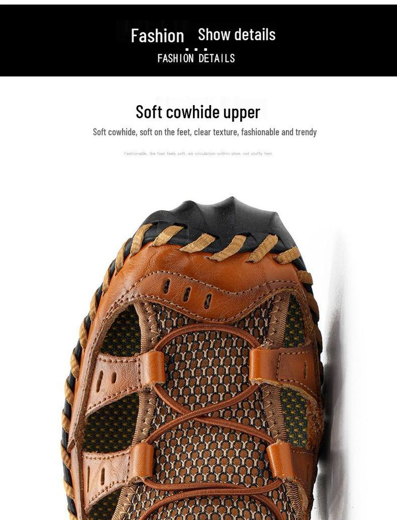 Men's Handmade Velcro Cowhide Mesh Beach Sandals - Summer Casual Breathable Outdoor Shoes